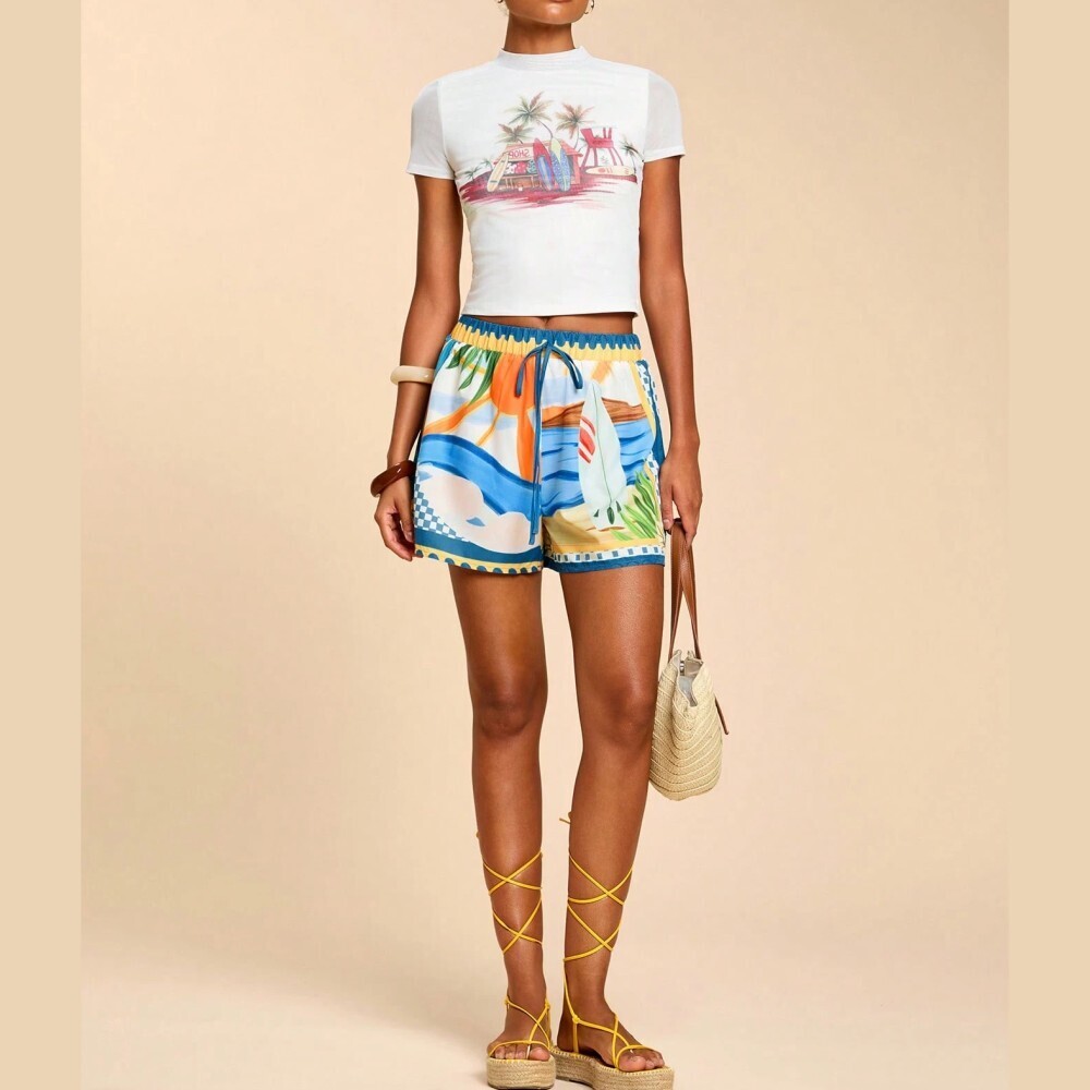 Blue & Cream Novelty Print Mini Shorts, Drawstring